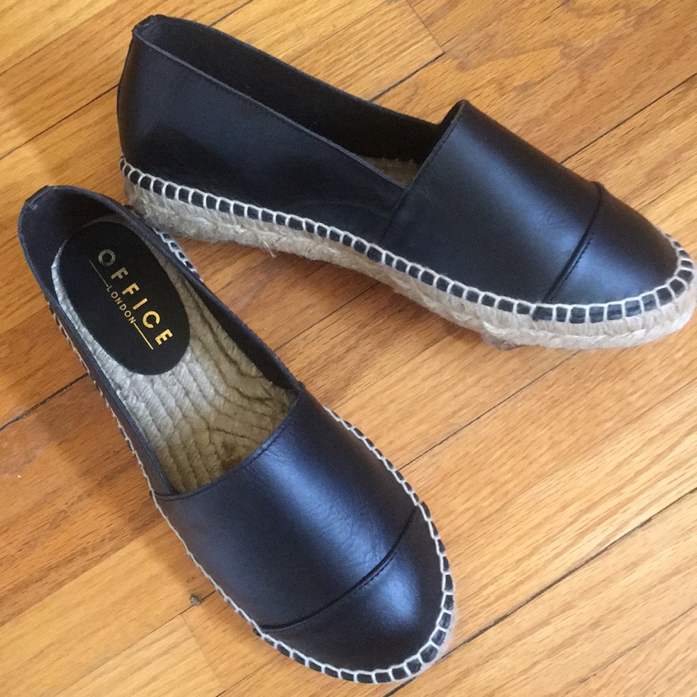 Black leather espadrille slip on flat shoes